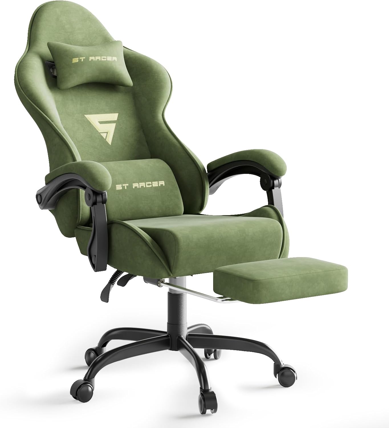 Massage - 大人用ゲーミングチェア、フットレスト付きマッサージ機能と腰当てクッションを備えたオフィスチェア、ベルベット生地を使用したリクライニング式ビデオゲームチェア、人間工学に基づいた高さ調節可能なコンピューターチェア、自宅でのストリーミングに最適、グリーン