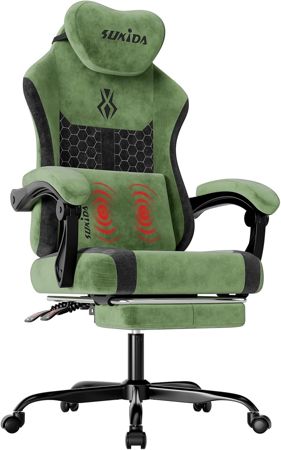 Massage - ファブリック製のビデオゲーム用チェア。人間工学に基づいた高背もたれのコンピューターゲーム用チェアで、広いマッサージ機能付きの調整可能なランバーサポート、ヘッドレスト、連結式のアームレストを備え、長時間の作業に適しています。色はグリーン。