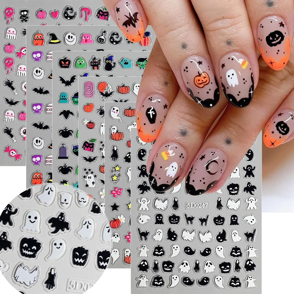 Nail Art - 1枚入り 5D ハロウィン ネイルステッカー ピンク/グリーン/ブラックの漫画柄 ネイルアート