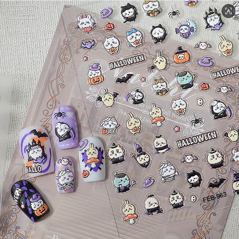 Nail Art - 新作「ちいかわ」5Dエンボス加工ネイルステッカー。かわいいカートゥーン、ハロウィーン、星、ファストフードのデザイン。女性や女の子向けの、貼り付け簡単なDIYネイルアートデカール。