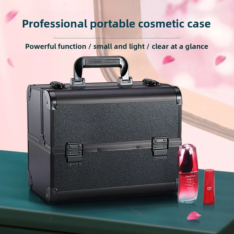 Makeup - 大容量の二重開閉式メイクケース。サロン用プロツールや旅行用の収納に最適な、アルミニウム合金製のコスメボックス。キャスター付き。