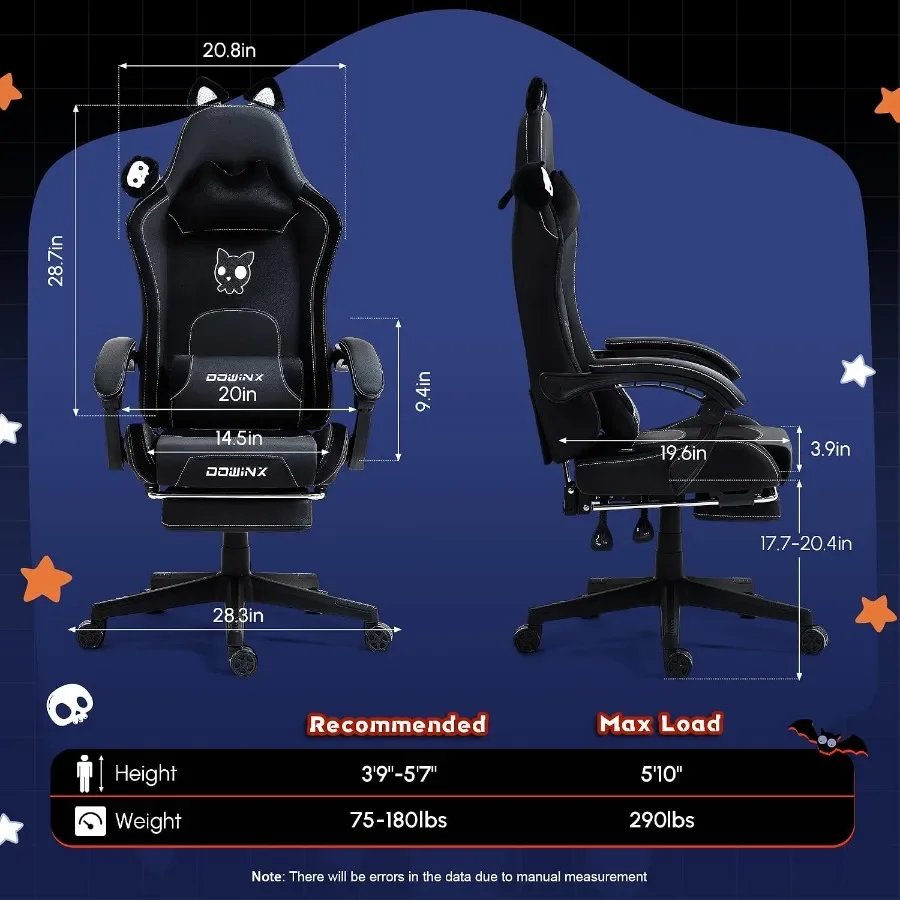 大人用ゲーミングチェア。猫耳デザイン、ブラックPUレザー、マ - Massage のレビューと価格