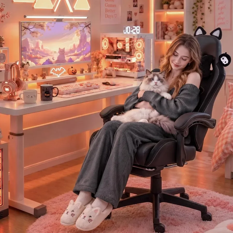 大人用ゲーミングチェア。猫耳デザイン、ブラックPUレザー、マ - Massage のレビューと価格