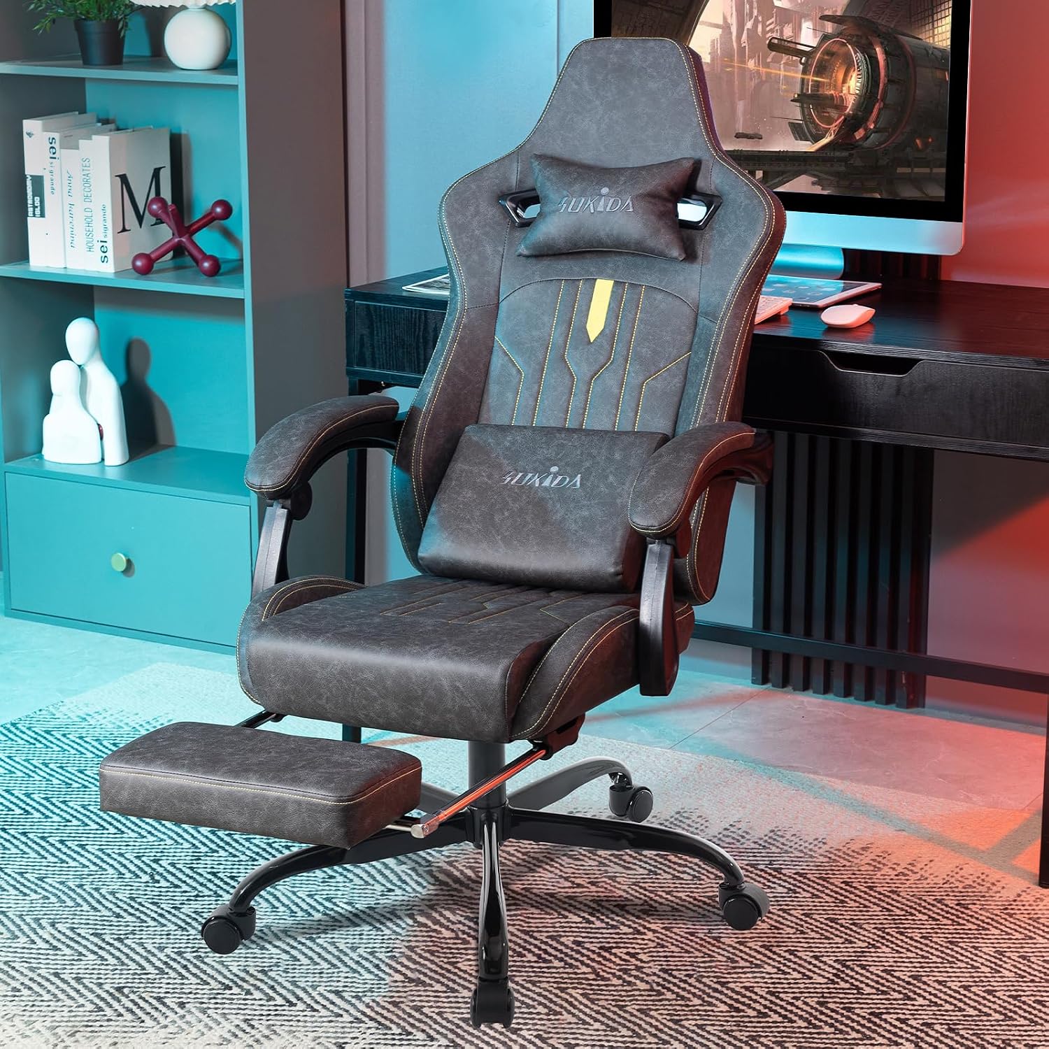 フットレスト付きゲーミングチェア、人間工学に基づいたコンピュ - Massage のレビューと価格
